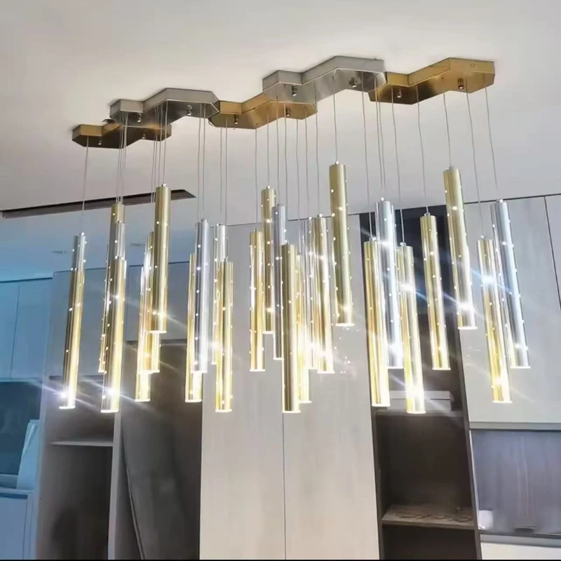

French Adjustable Silver/Gold Long tubes creativity designer Chandelier ceiling lustre LED dimmable for living room luminaire