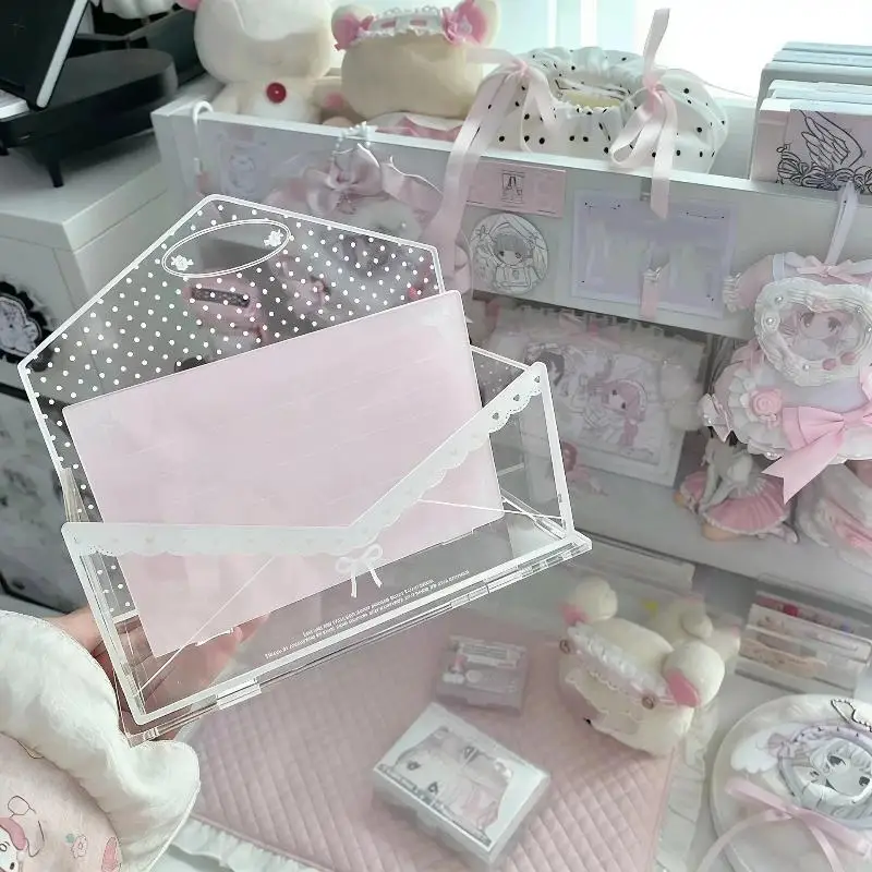 Polka Dot Envelope Series Acrylic Storage Rack, Lace Bow Multi-purpose Kawaii Organizer Tray For Collecting Merch & Desk