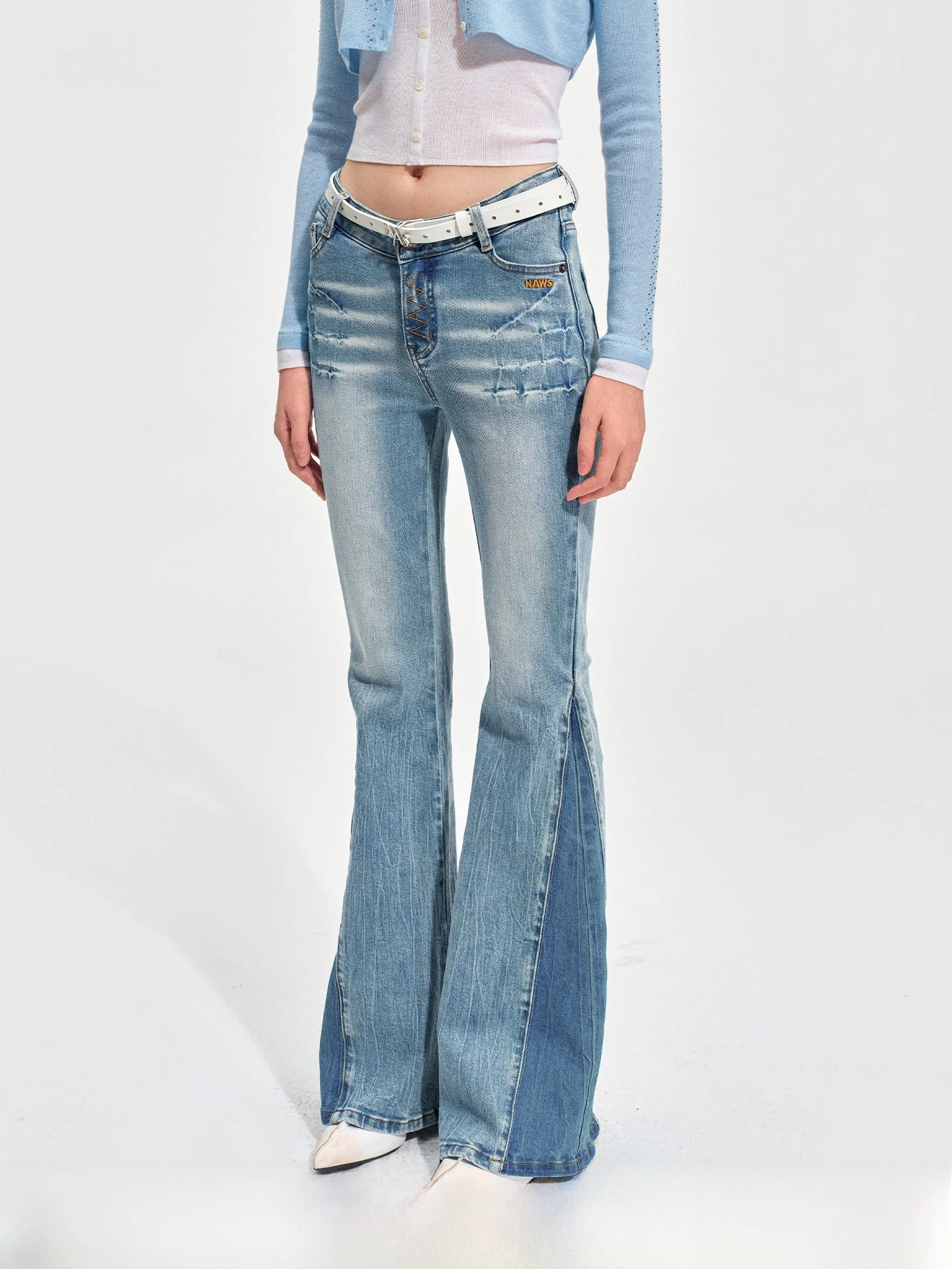 

NAWS Equestrian Series Vintage Washed Embellished Tight Fit Bell Bottom Jeans Women's Premium Denim High Stretch Cotton Pants