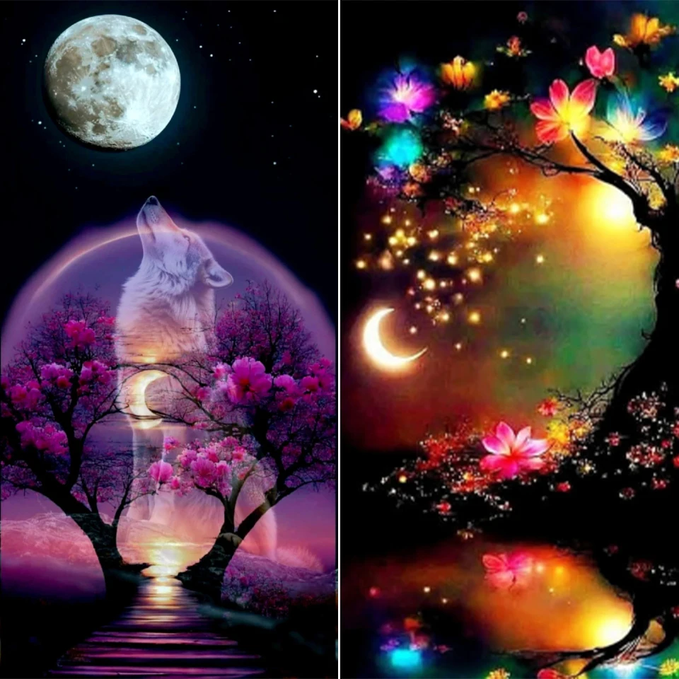 

New Wolf DIY Diamond Painting Landscape Diamond Flower Mosaic Embroidery Moon Animal Painting Rhinestone Home Decoration