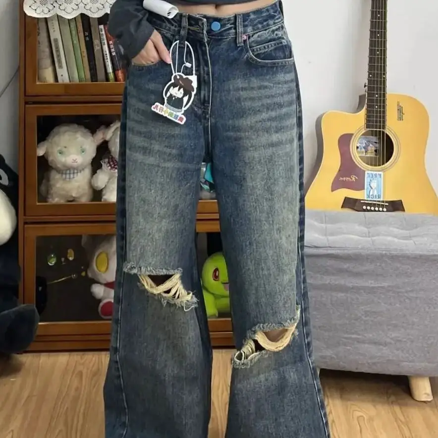

American Retro Ripped Beggar Jeans Women Spring Summer New Loose Slim Straight Draped Floor Pants Wide-Leg Pants