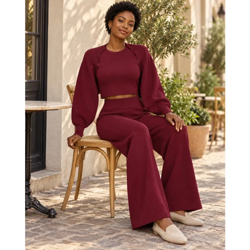 Women 3 Piece Knit Sweater Set Ribbed Halter Crop Top High Waist Wide Leg Pants Autumn Winter Casual Lounge Outfit Grey