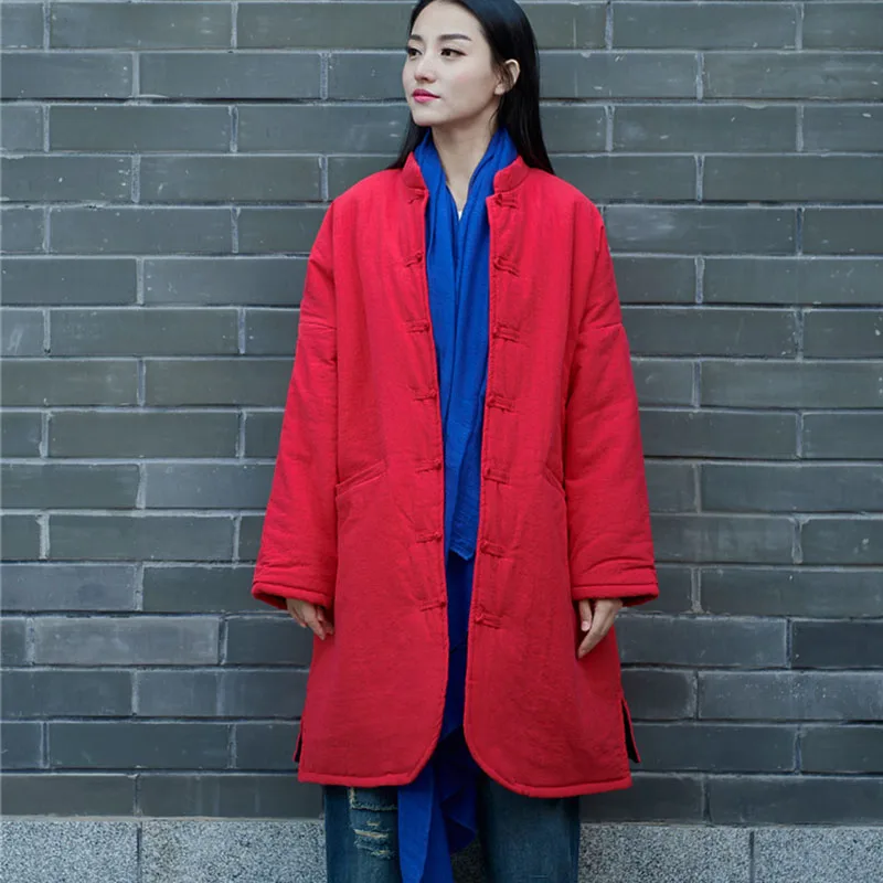 Winter Red Windbreaker Sewn Cotton Hemp Women's Single Row Disc Buckle Retro Loose Thick Chinese Coat Casual Long Cotton Coat