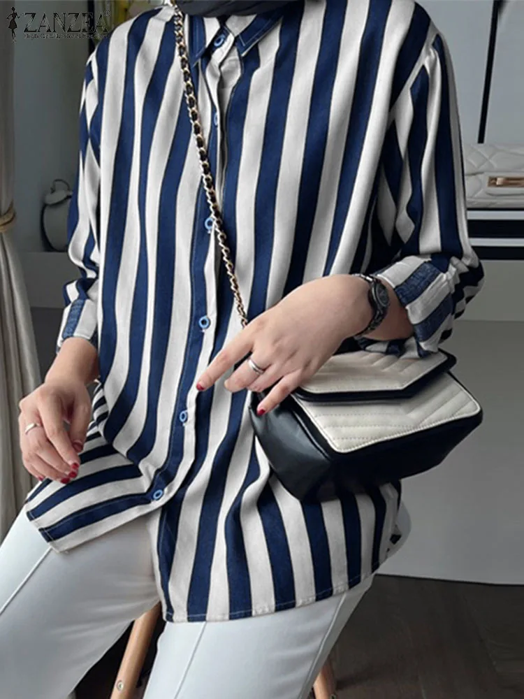 ZANZEA Women Eid Mubarek Muslim Blouse Fashion Spring Stripe Printed Shirt Oversized 2024 Vintage Long Sleeve Lapel Neck Tops