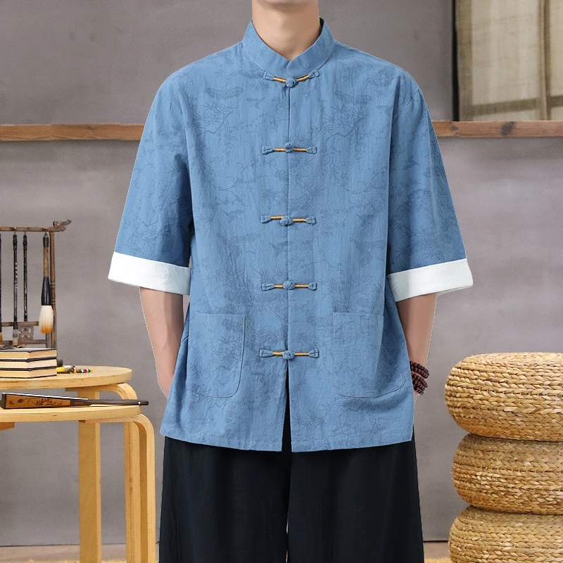 Men's Lightweight Mandarin Collar Printed Shirt Summer Chinese Style Oriental Design Casual Cultural Wear Top M-5XL