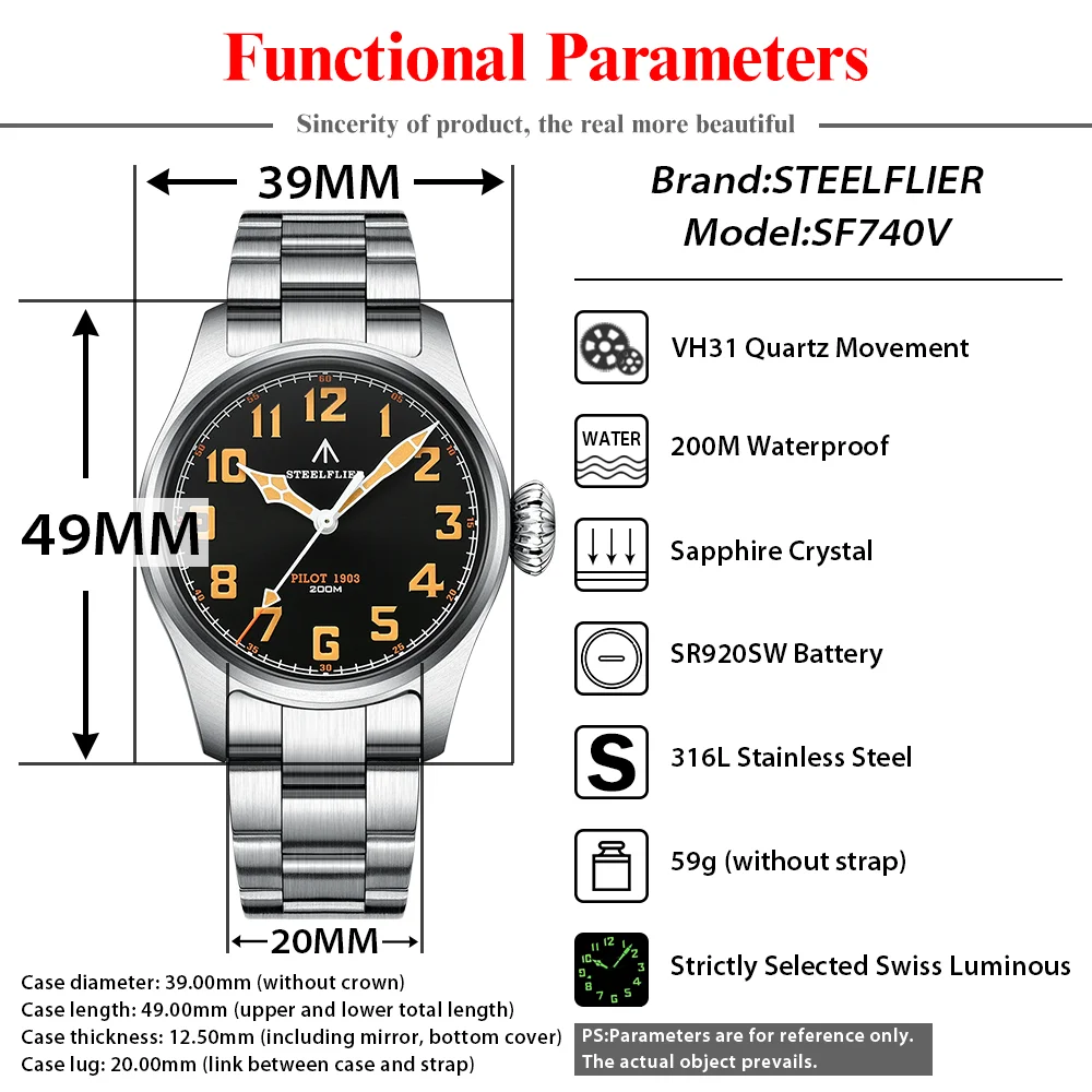 STEELFLIER Official SF740V New Quartz Pilot Series Swiss C3 Luminous 200M Waterproof VH31 Movement Men\'s Fashion Business Watch