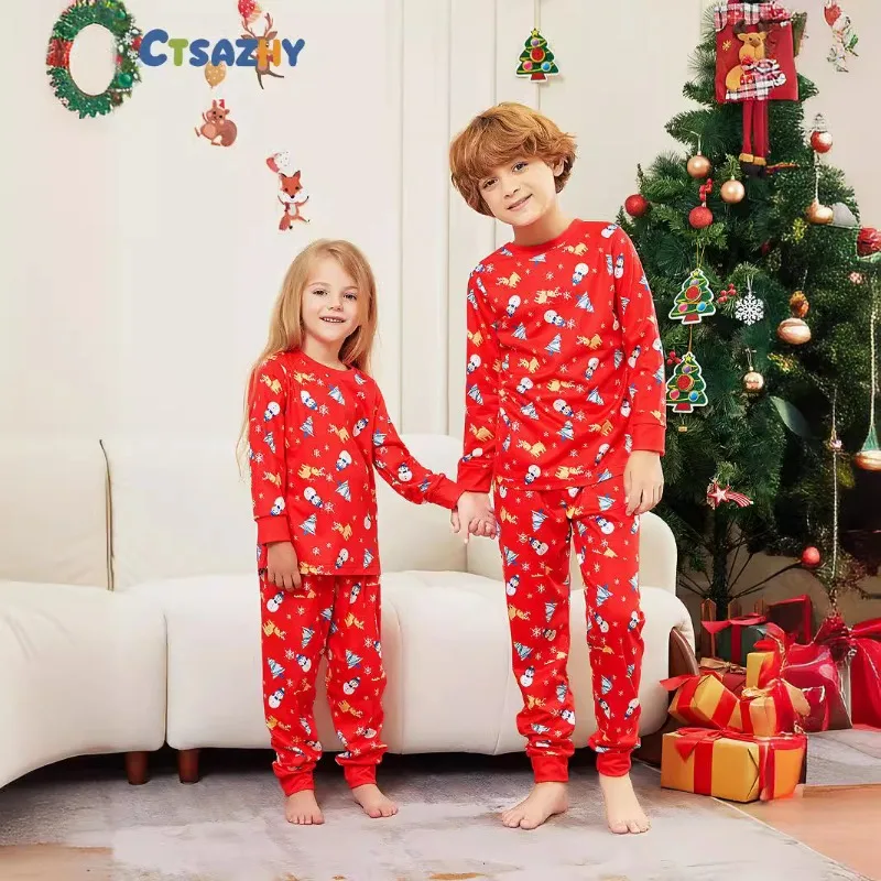 Christmas New Tree Snowman Deer Full Printed Parent Child Outfits Long Sleeve Pajama Set Father Mother Son Daughter Home Clothes