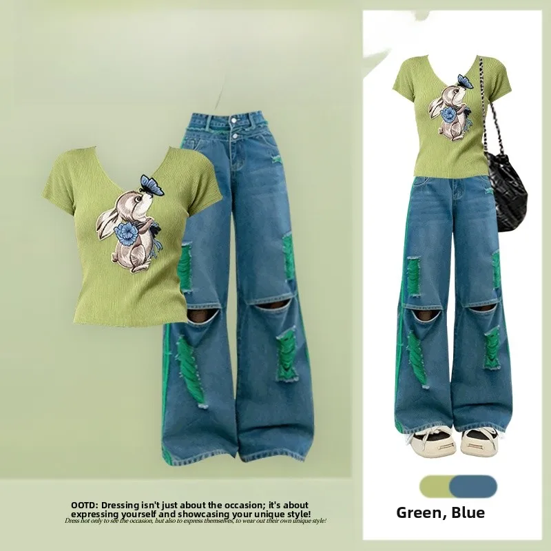 

Summer New Fashionable Knitted Loose Age-Defying Set Women's Short Sleeve Top with Straight-Leg Hole Denim Jeans Two-Piece Set