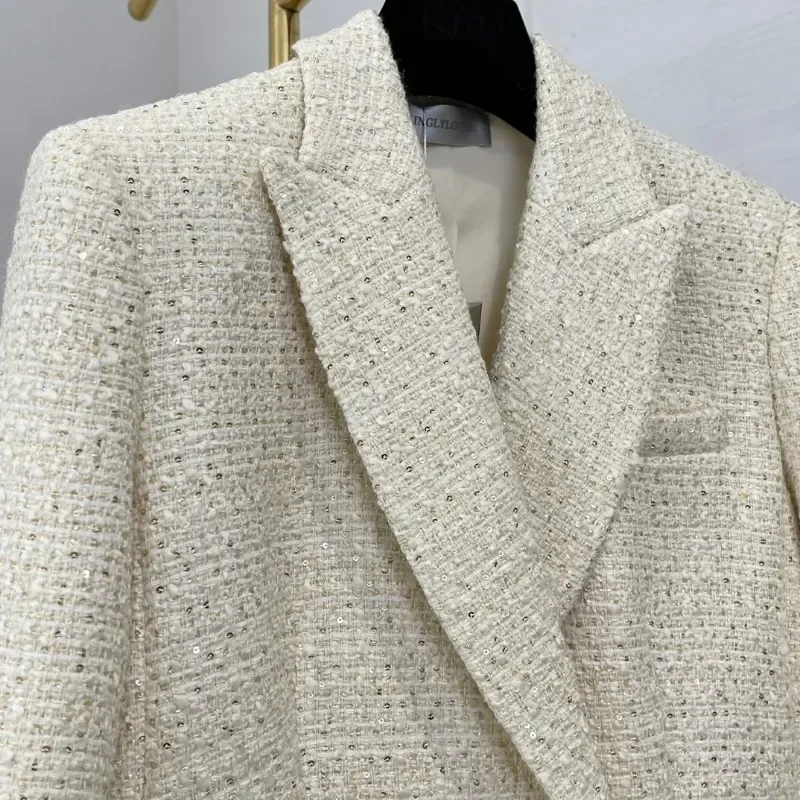 Chaqueta de Tweed de manga larga con cuello a medida para mujer, chaqueta de oficina de alta calidad, y dorado brillante color Beige, otoño e invierno, 2024