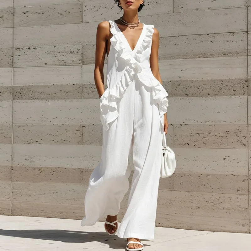 Trendy Solid Backless Loose Jumpsuit Lady Elegant 3d Ruffled Sleeveless Beach Playsuit Casual Deep V-Neck Shoulder Length Romper view 3