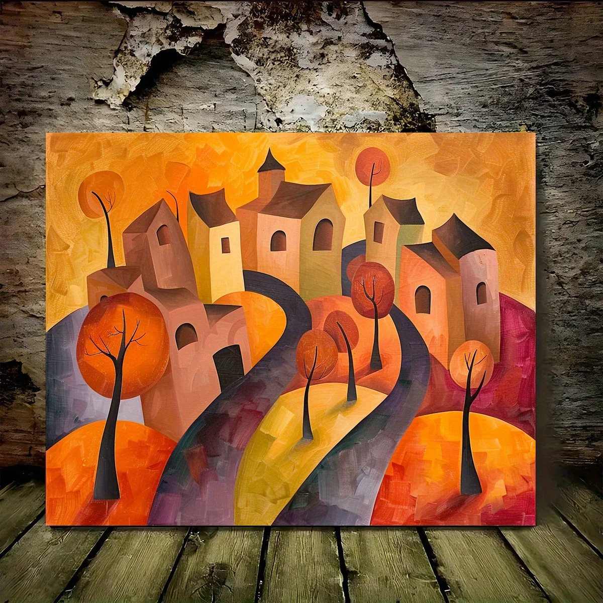 

Abstract style village landscape digital oil painting wall decoration, vivid autumn scenes, suitable for living room decoration