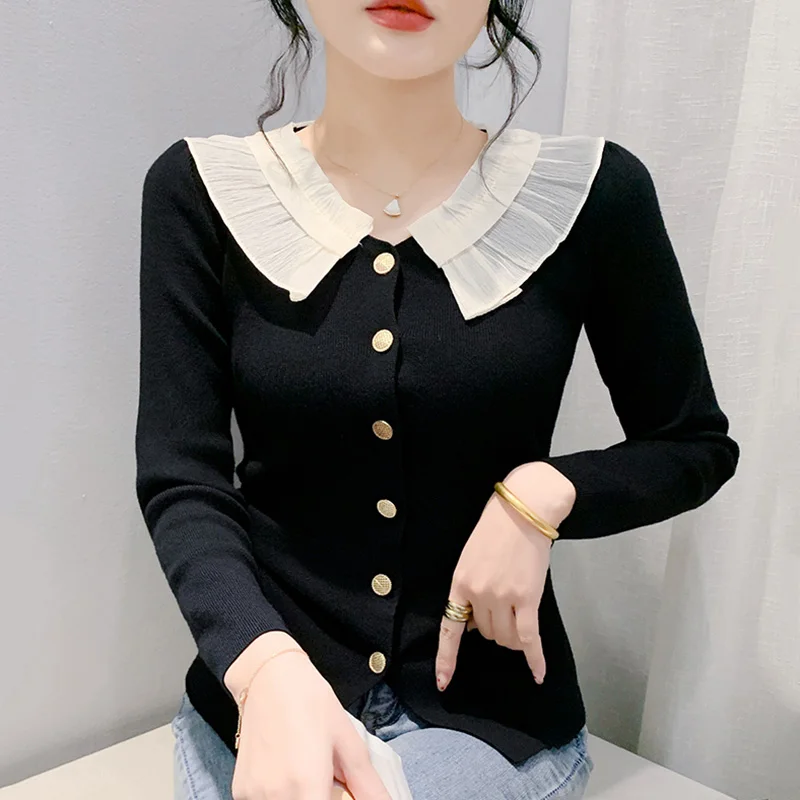 New 2024 Autumn Winter Long Sleeved Peter Pan Collar Knitted Pullover Elegant Slim Vintage Women Sweater Clothes