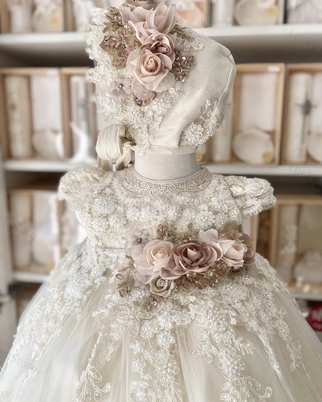 Luxurious Ivory Baby Christening Gowns Lace Appliques Girls Baptism Vintage Long Newborn Kids Birthday First Communion Dresses