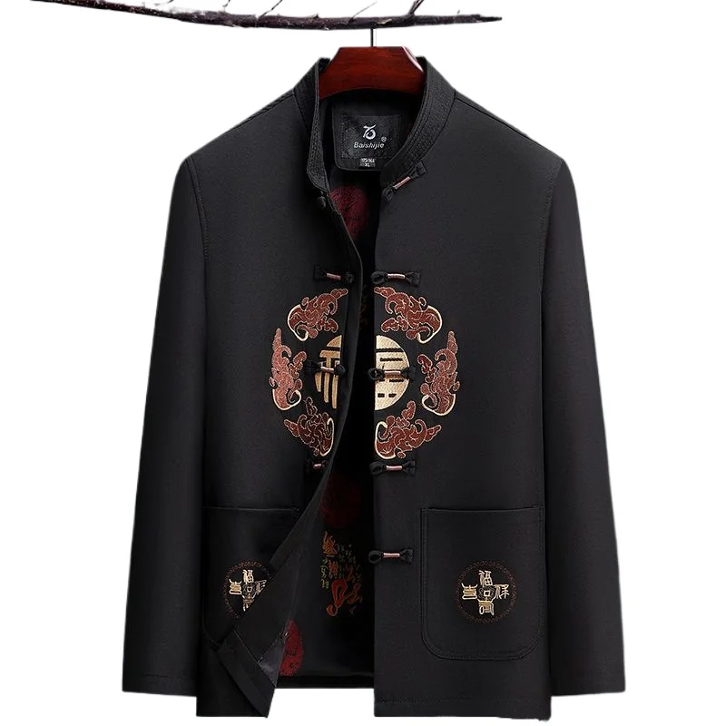 2026 New Men's Red Embroidered Long-Sleeve Jacket, Chinese-Style Single-Breasted Stand-Up Collar Coat, Fashionable Casual Tops.