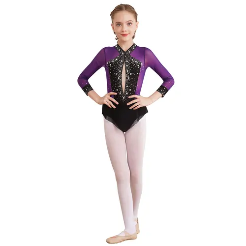 Imagen 2 del producto Leotardo de baile latino con diamantes de imitación brillantes para niñas, mono con falda de retazos de malla transparente para baile, patinaje artístico, gimnasia rítmica