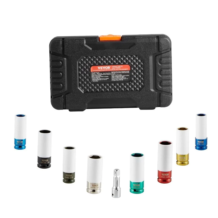 Lug Nut Impact Socket Set 1/2 inch Drive Metric and SAE 6-Point Deep Socket Set 8 Total Lug Nut Sizes CR-MO Steel Wheel Socket