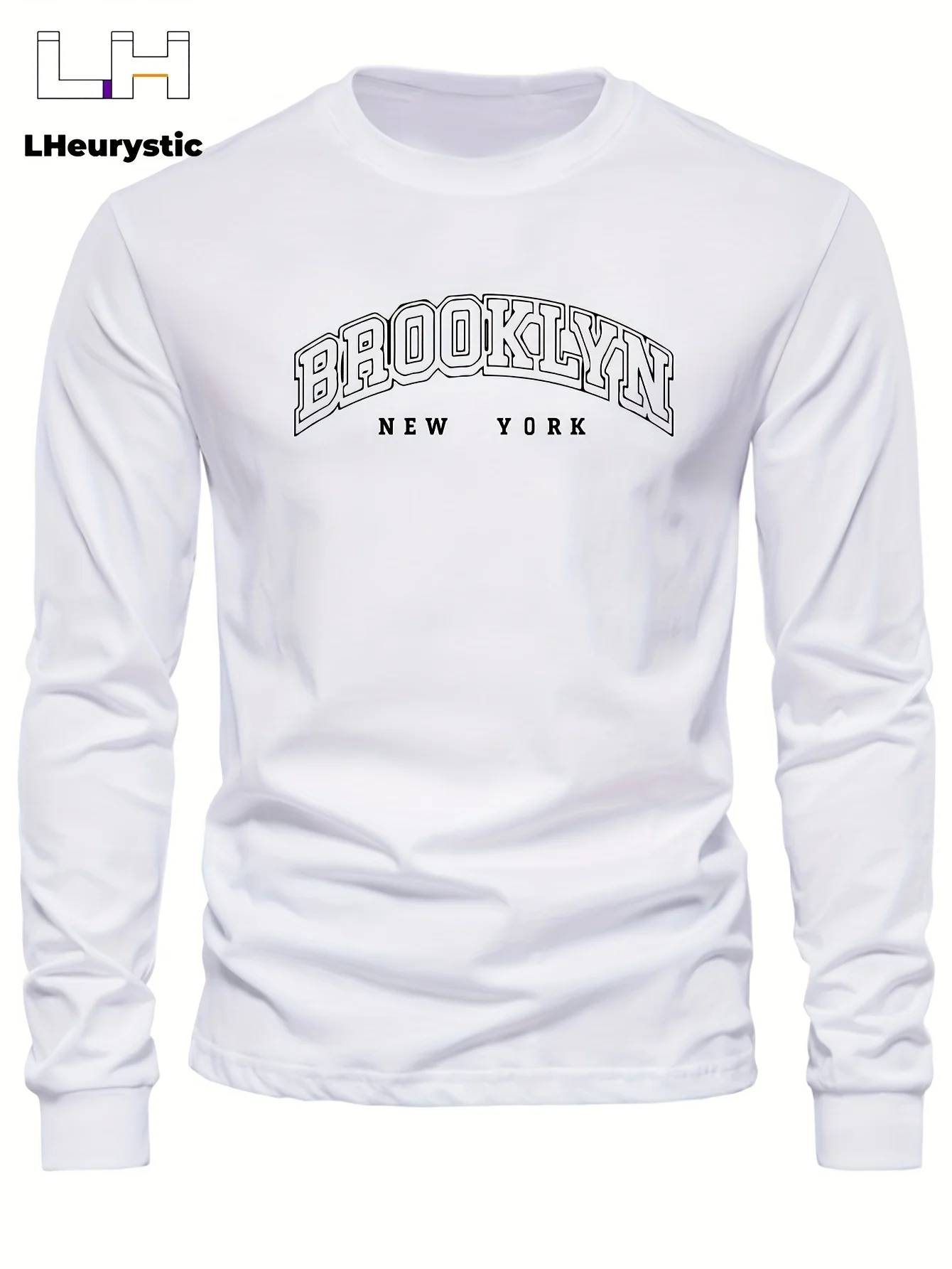 Men's 100% pure cotton loose and comfortable casual sports Brooklyn letter printed round neck long sleeved T-shirt top