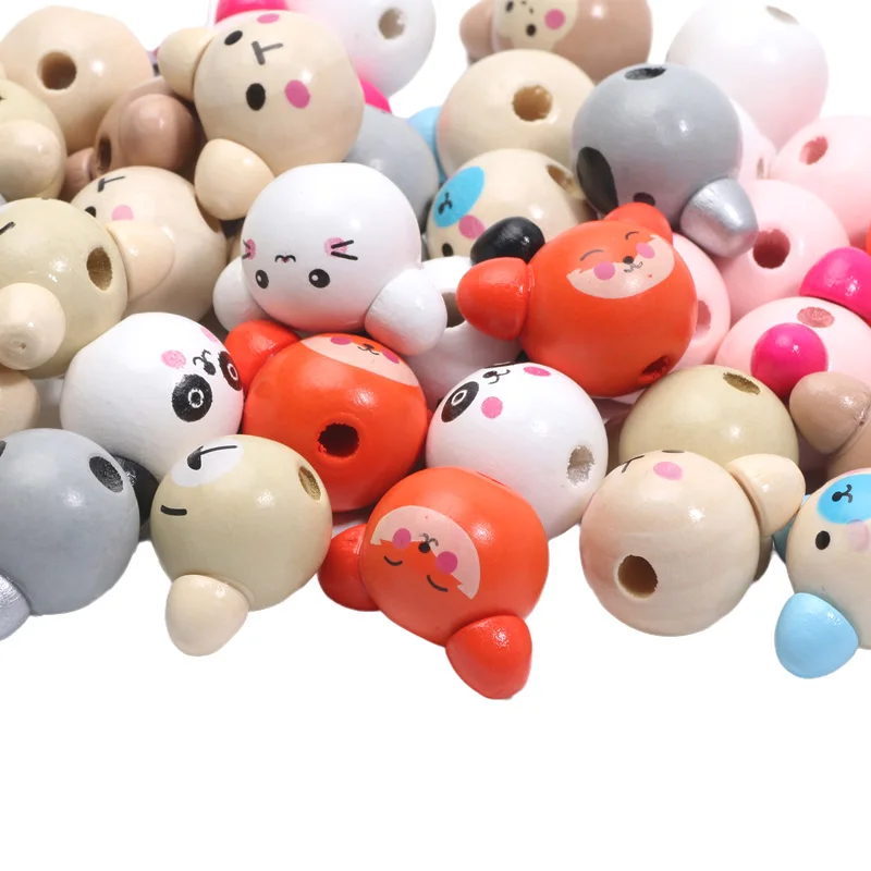 10pcs Random Mixed Animal Head Pattern Wooden Beads Colored Round Ball Wood Beads For Jewelry Making DIY Handicrafts Accessories