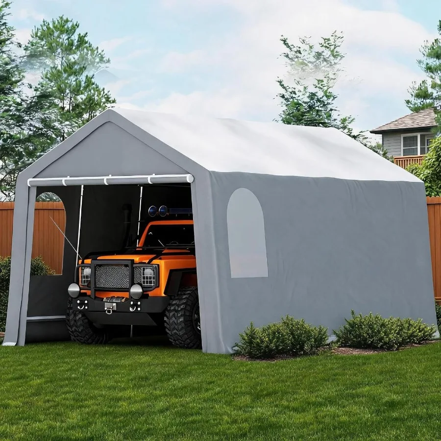Outdoor Car Canopy For Vehicle And Garden Tools Storage, Heavy Duty Waterproof UV Resistant Gray Polyethylene With Roll-Up Zipp