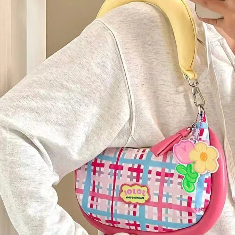 Cute Fashion All Match Shoulder Bags For Women Harajuku Style Colorful Plaid Handbags Summer New Sweet Cool Casual Underarm Bags