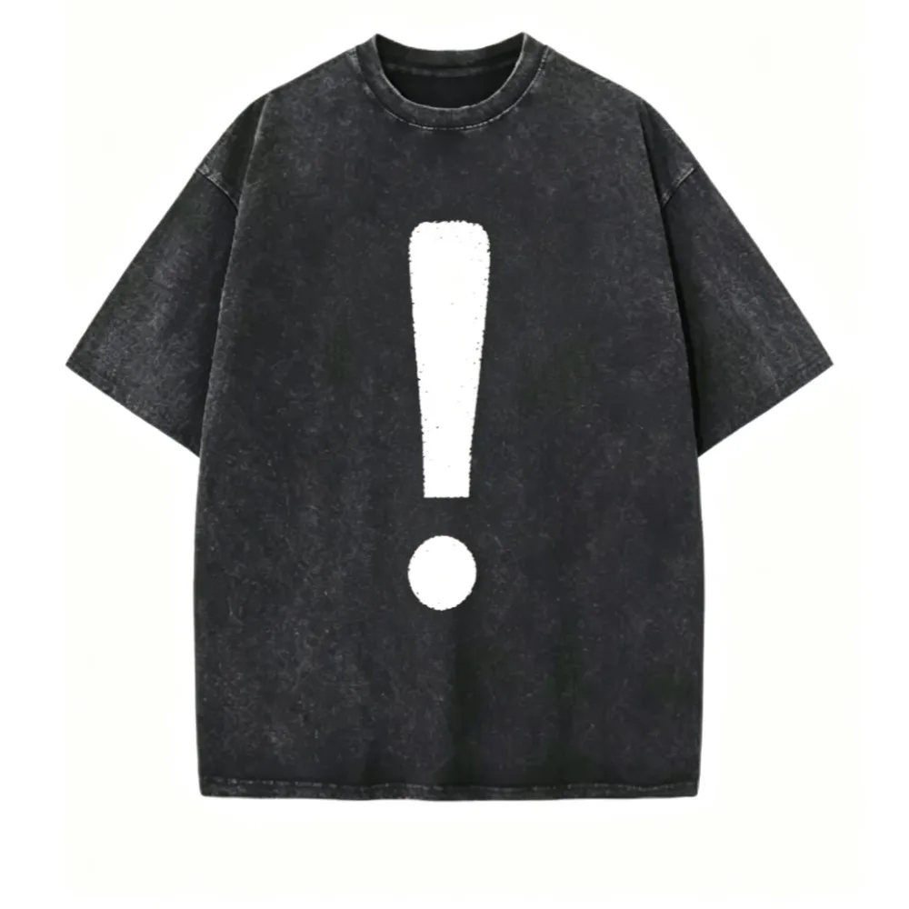 Men Women Vintage Washed T‑Shirt Simple White Exclamation Mark Print Oversize Short Sleeve Tee Casual Streetwear Loose Top