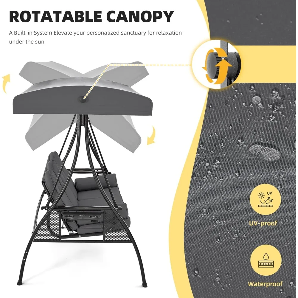 3-Seat Outdoor Porch Swing with Adjustable Canopy and Backrest, Patio Swing Chair with Weather Resistant Steel Frame