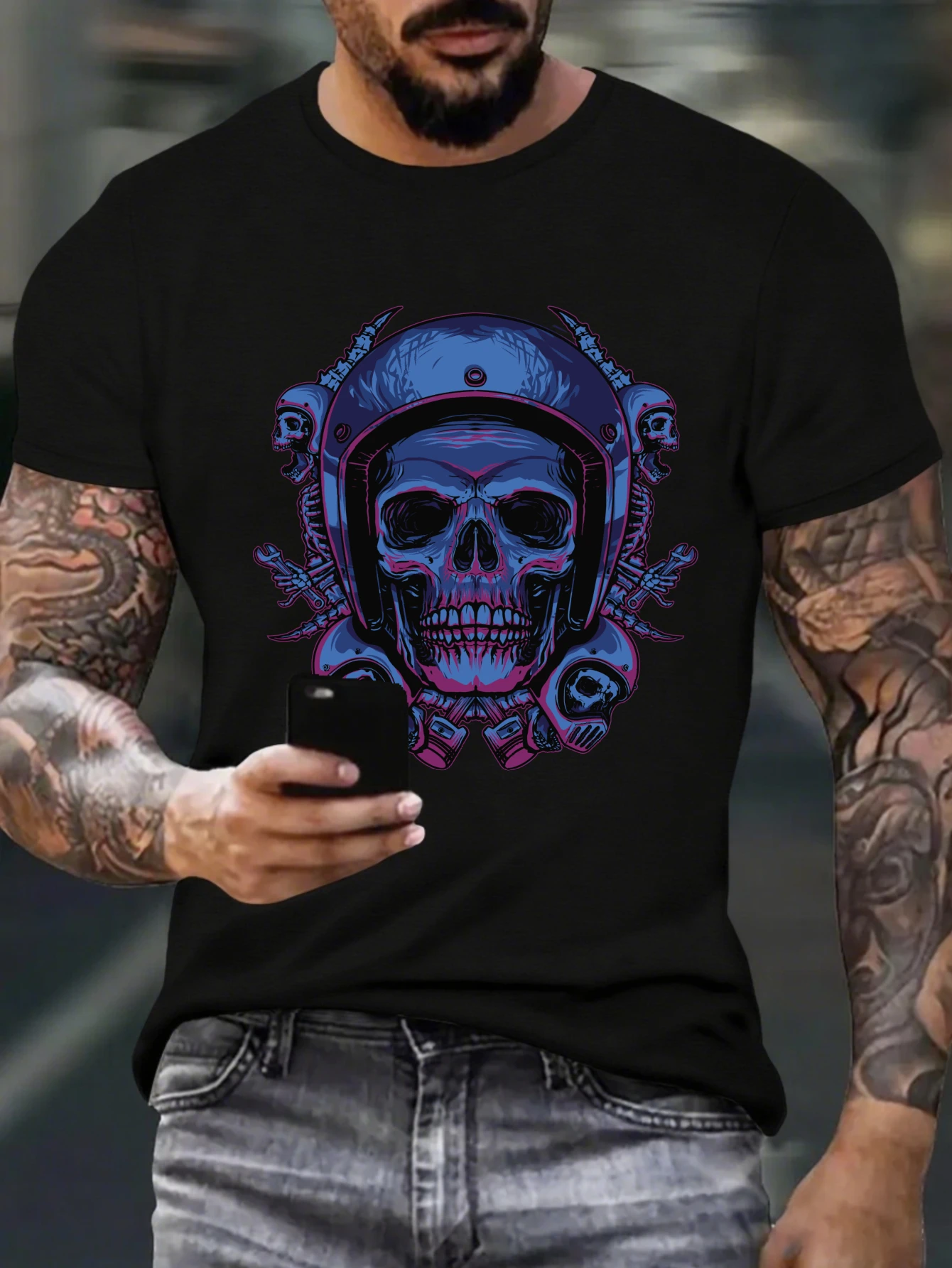 

Vintage Purple Skull Rose Graphic T-Shirt for Men, Gothic Hip Hop Short Sleeve Tee, Casual Skull Print Tops