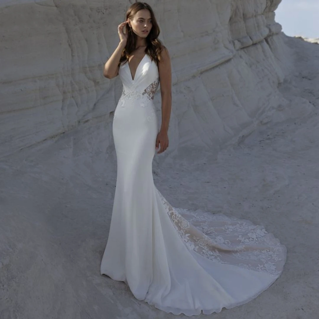 

Sirene Floor Length Elegant V Neck Wedding Dresses for Women Illusion Sweep Train Lace Appliques Mermaid Bridal Gowns Customized