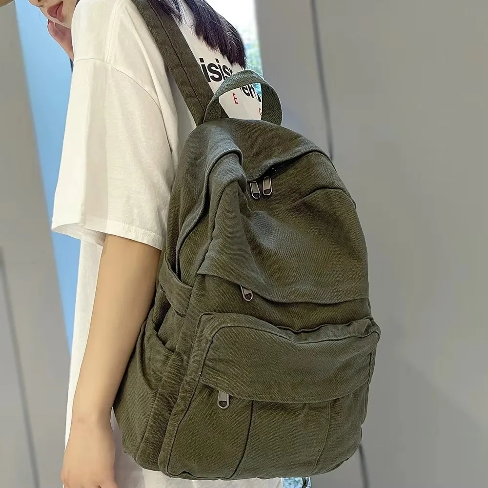 Vintage Large Capacity Canvas Backpack Multi-Pocket Solid Color Laptop Backpack Lightweight Wear-resistant Students School Bag