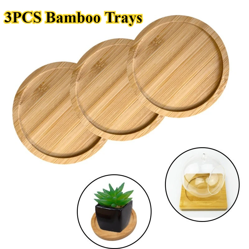 3PCS Round Bamboo Tray Saucer Flower Pot Tray Cup Pad Coaster Plate Kitchen Decorative Plate Creative Coffee Cup Mat Home Decor