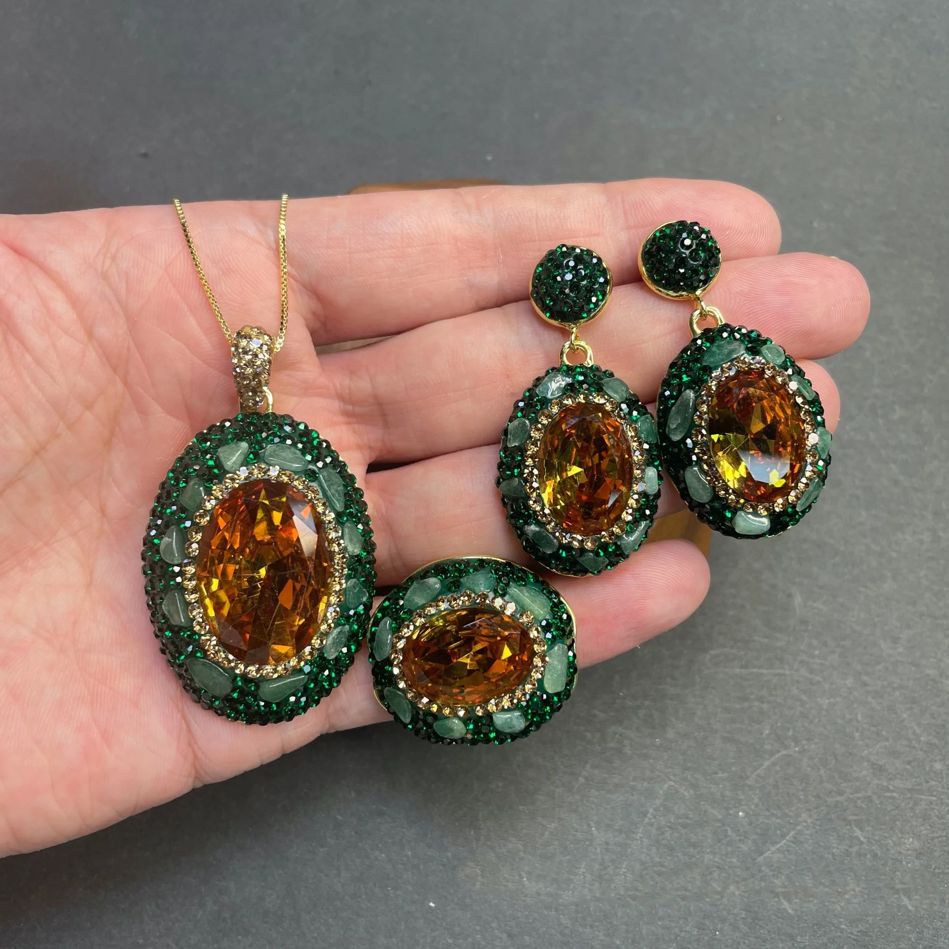 1Set glass quartz green blue red brown zircon pendant necklace earring ring women‘s jewelry party