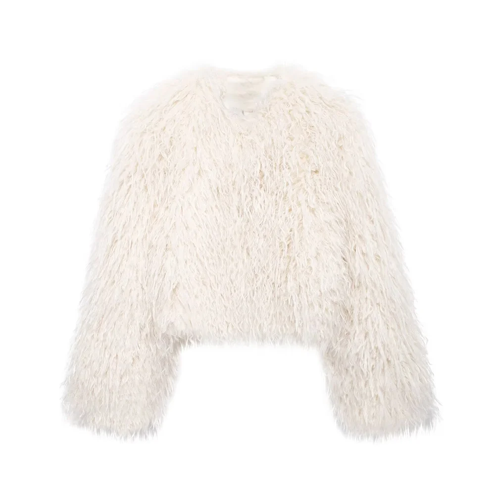 

Autumn Winter New Women Retro Loose Casual Solid Color Fur Coat Round Neck Long Sleeved Warm Female Short Coats