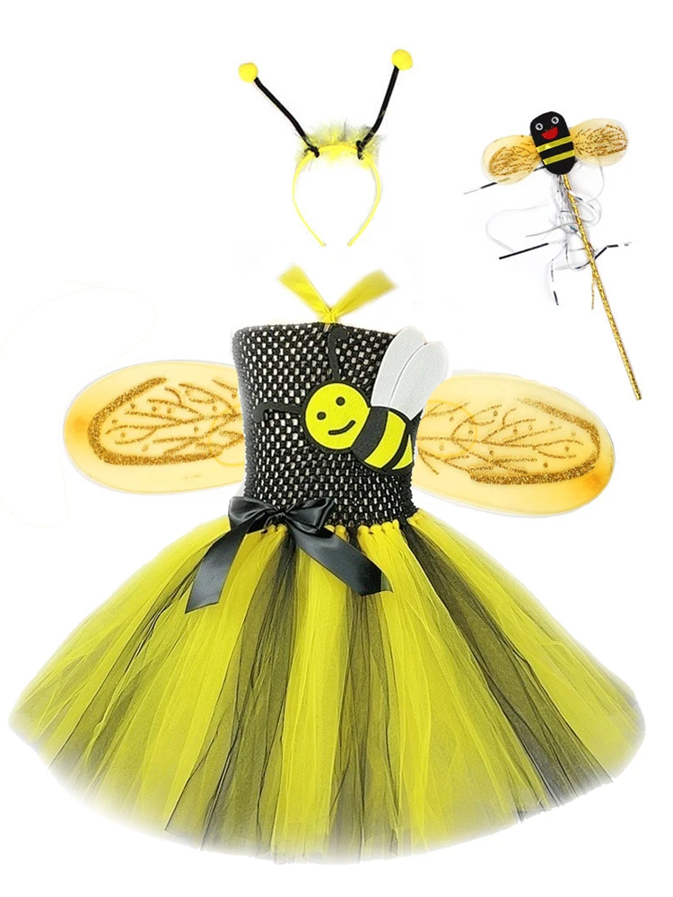 Honeybee Fairy Dress Girls Toddler Costumes Bee Kids Children Halloween Fancy Tutu Dresses with Wings Set Outfits 1-12 Years