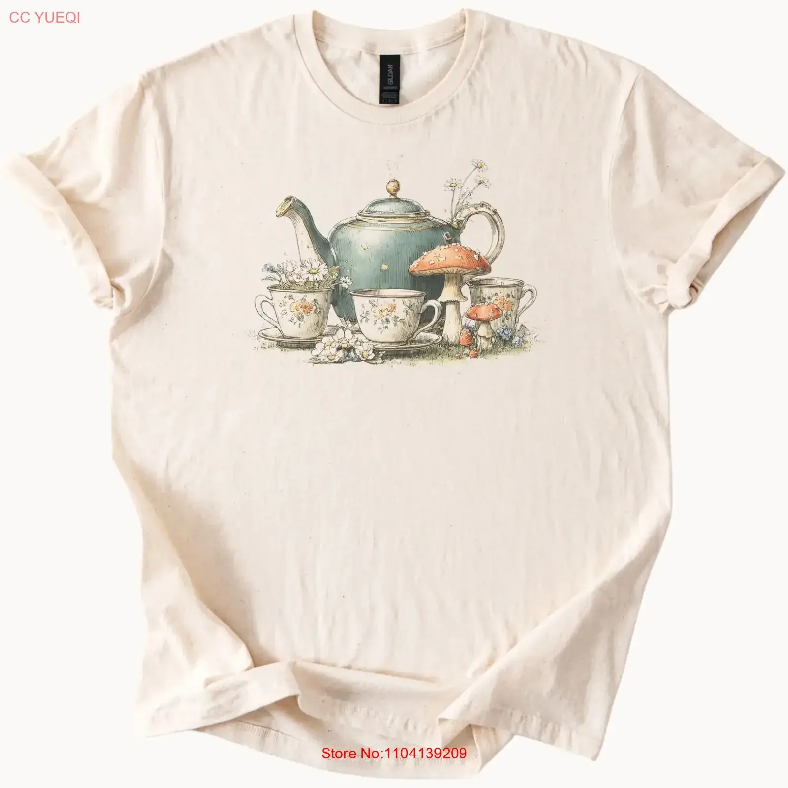 Teapot and Teacups Mushroom Floral T Shirt Cottagecore Tea Party vintage Washed Versatile streetwear Casual Slightly
