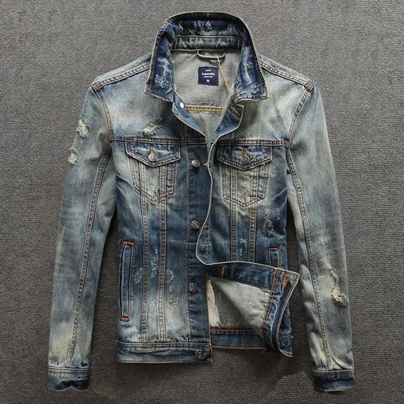 

Spring and Autumn ripped Denim Coat Men's 2023 New Wash Vintage Denim Top Men's American Motorcycle Short Jacket korean fashion