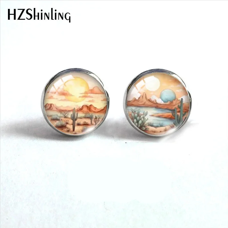 2023 New Sunny Landscape Stud Earring Sunset Round Earrings Handmade Glass Dome Photo Printed Jewelry Gifts