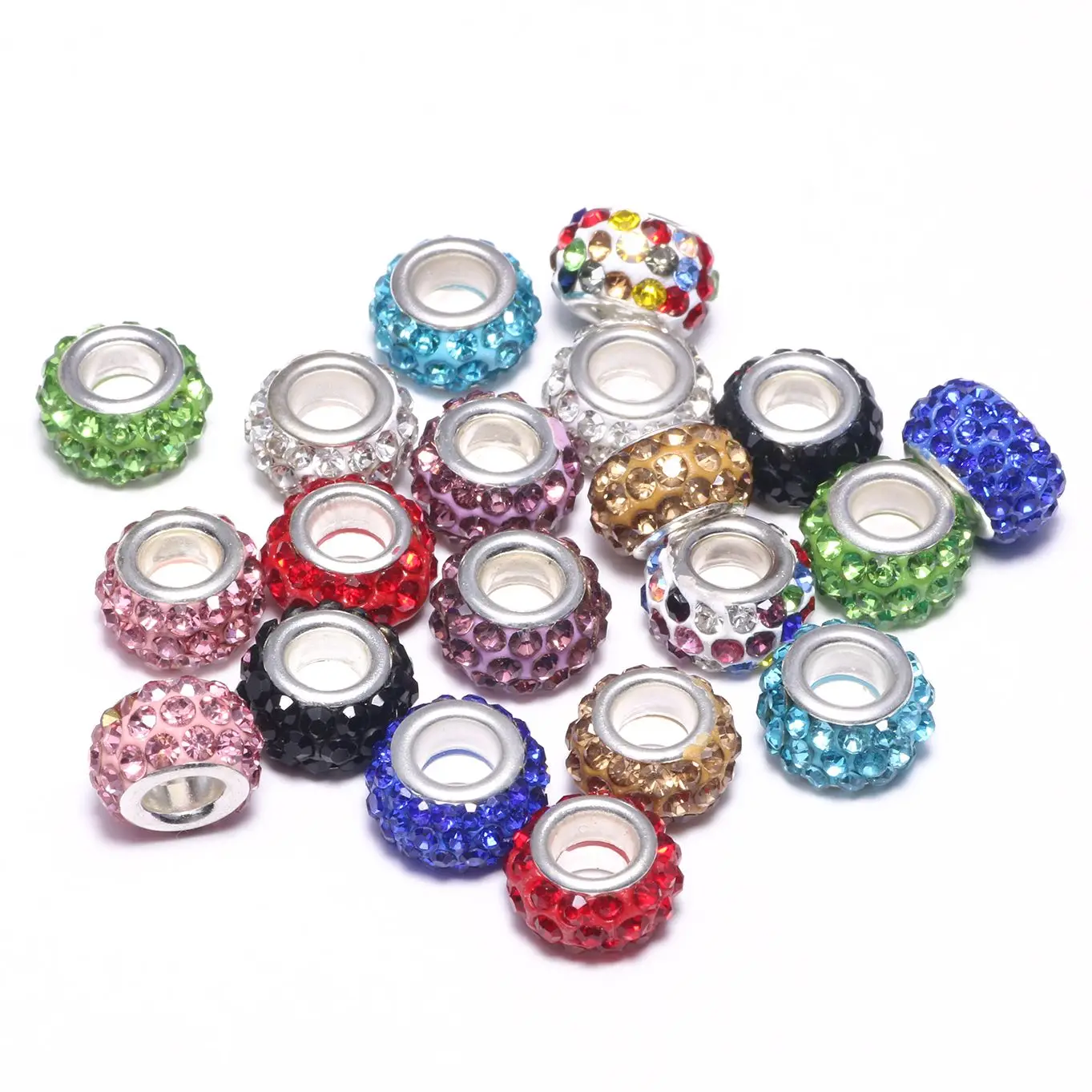 10pcs Colorful Luxury Pave Rhinestone Large Hole Spacer Charms Beads For Jewelry Making DIY Pandora Bracelet Hair Beads Supplies