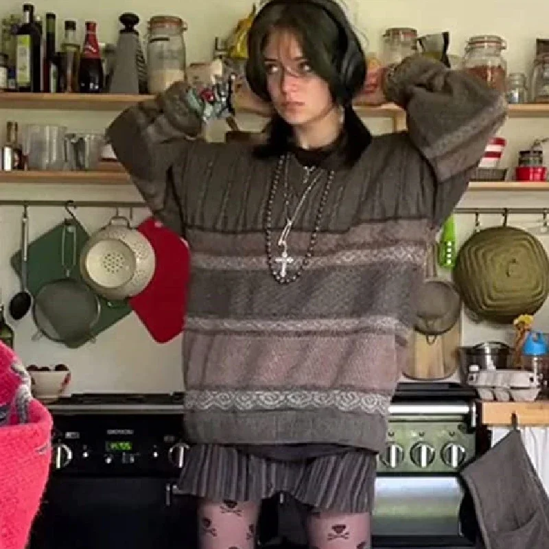 

Long Sleeve Round Neck Y2K Pullover Tops Retro Grunge Knitwear 2000s Vintage Preppy Style Sweater Women Casual Striped