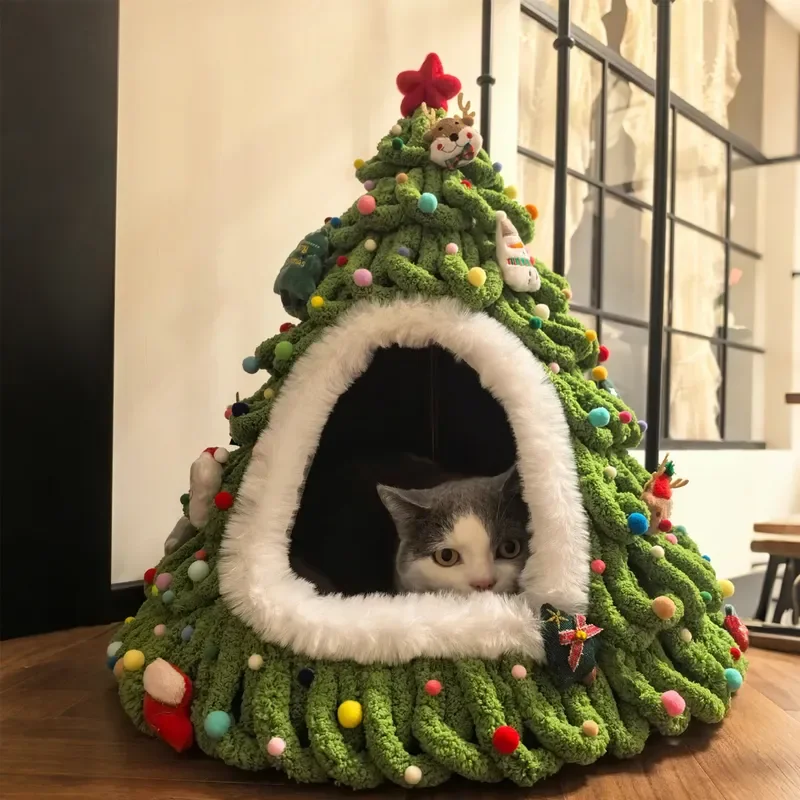 for Finished Christmas Tree Cat Nest Handwoven Closed Security Winter Warm Pet Bed Sleeping House for Puppy