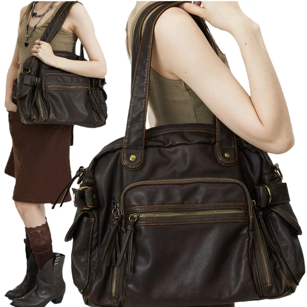 

Washed retro tote bag motorcycle bag soft PU leather large capacity shoulder bag Y2K punk multi pocket crossbody bag