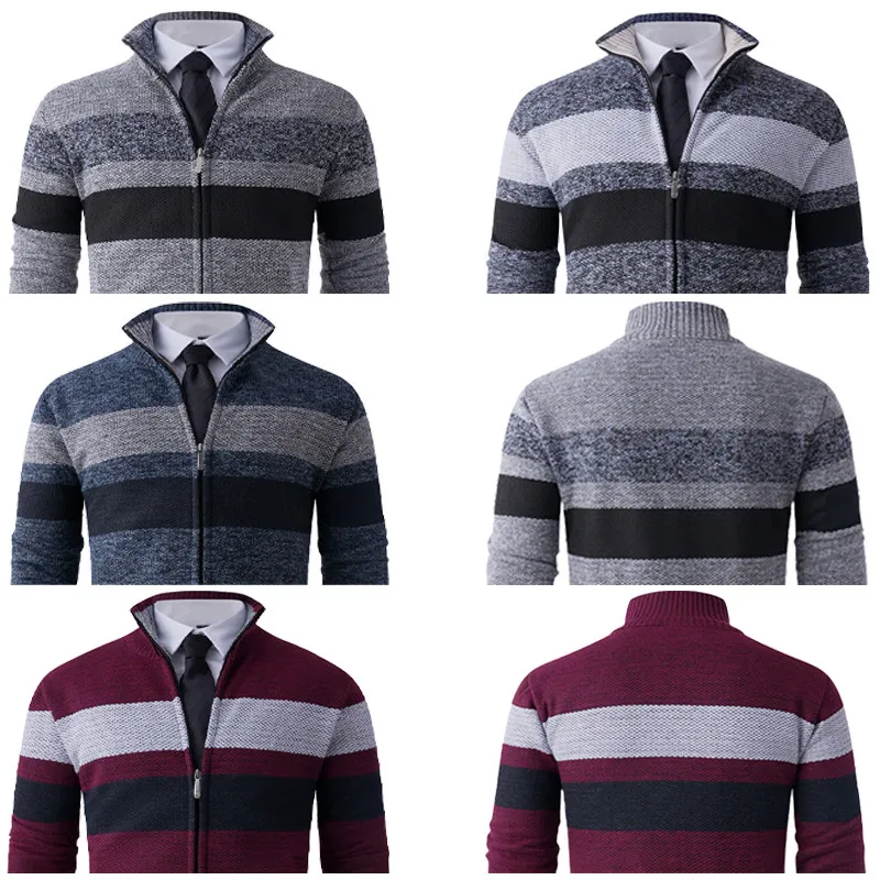 

Новая мужская приталенная вязаная куртка в полоску 2025 года, повседневный топ с воротником-стойкой и длинными рукавами, молодежный модный тренд, пальто из полиэфирного волокна