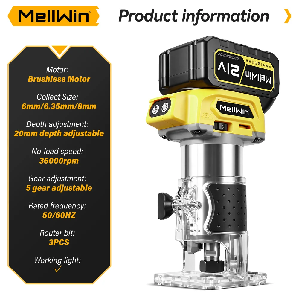 MELLWIN 5 Speeds Brushless Electric Wood Router Cordless Electric Trimmer Wood Trimming Engraving For Makita 18V Battery Pin