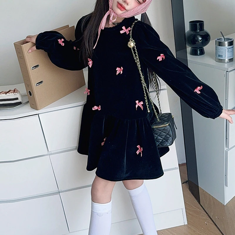 Girls\' Velvet Dress Spring and Autumn New Style Bow Sweet Cool Girls\' Black Velvet Dress Bottom Round Neck Christmas Festival