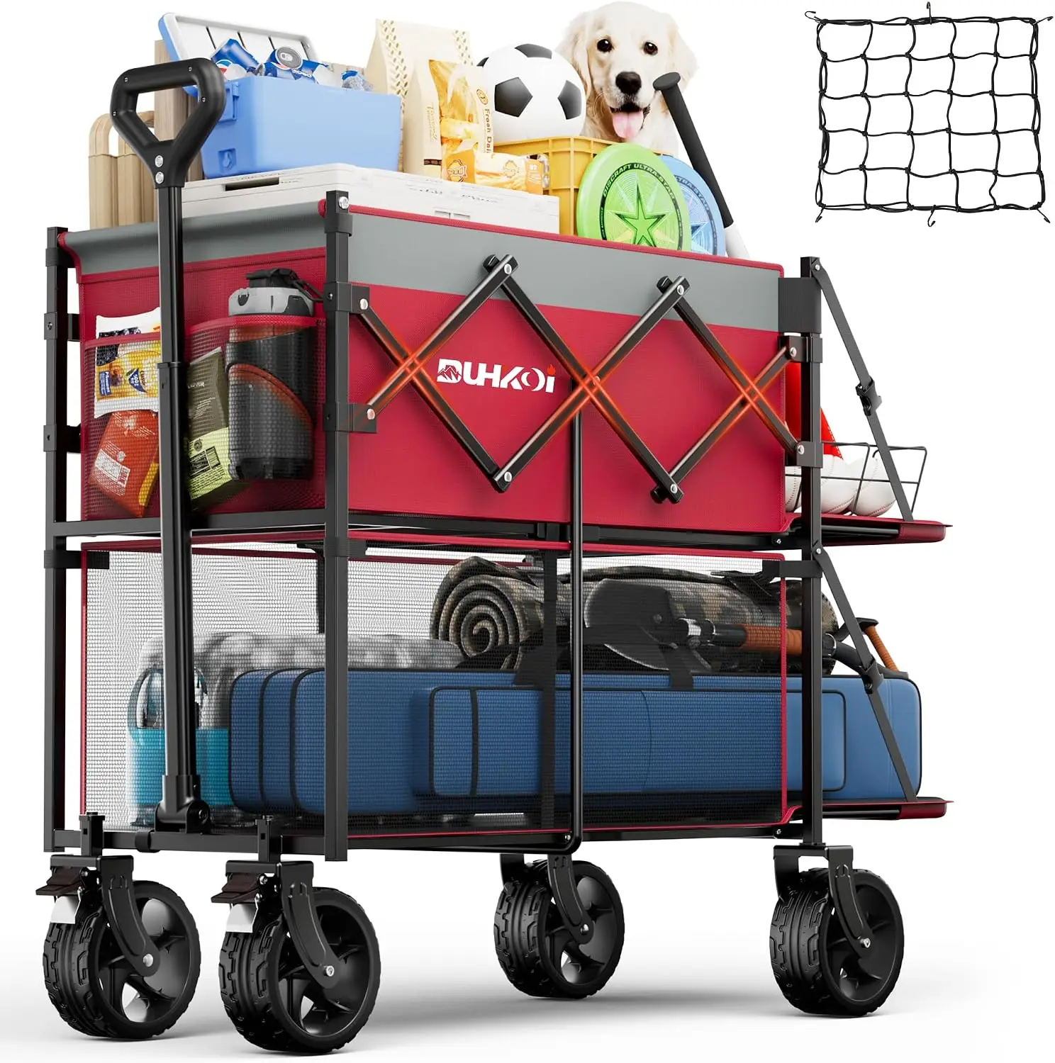 Double Decker Collapsible Wagon with Brakes,Compact with Tailgate | Big All-Terrain Wheels, 2-Tier for Camping Gear, Sports