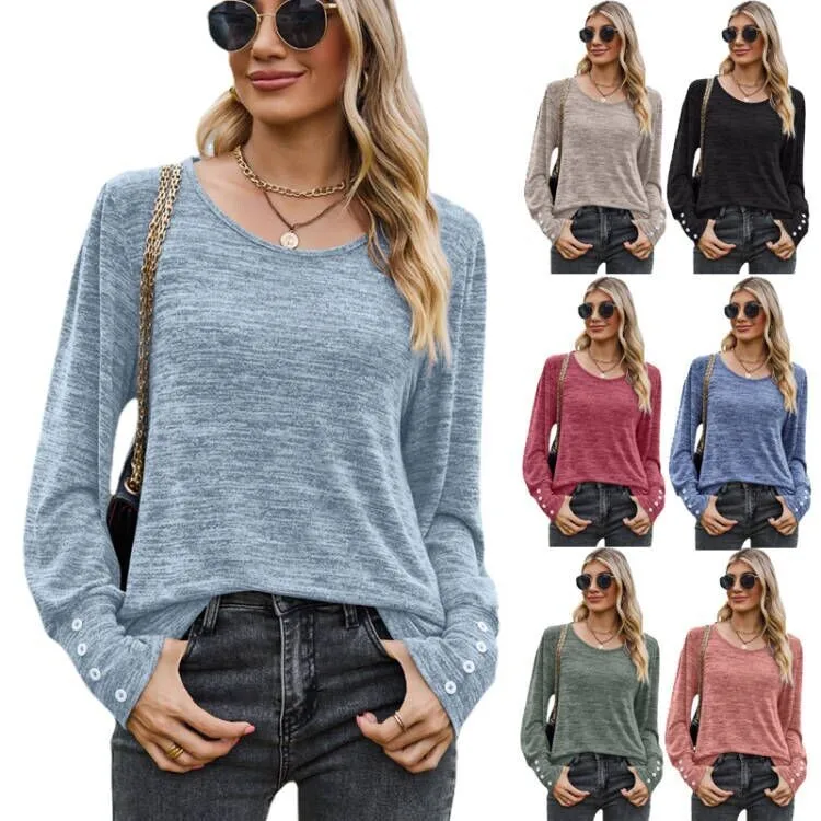 

Casual round Ne Long Sve T-irt Women's Autumn Winter New Sle Button Cuff Cleanfit Polyester A-Line Sve irt