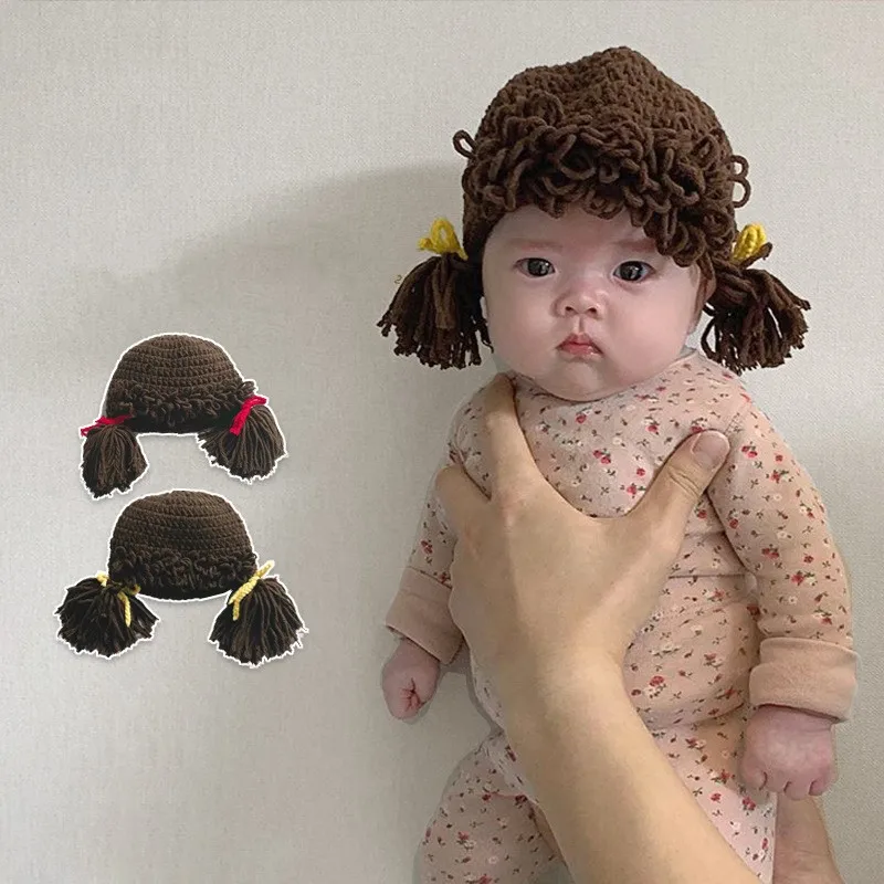 Gorro de punto para bebé, gorro con protección de peluca trenzada para niños pequeños, Gorros de ganchillo cálidos coreanos bonitos para niños y