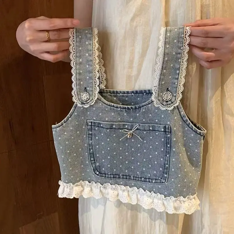 Korean Version Children's Clothing Girls' Spring and Autumn Set New Style Baby Girl Fashionable Cowboy lace Vest Pants piece Set