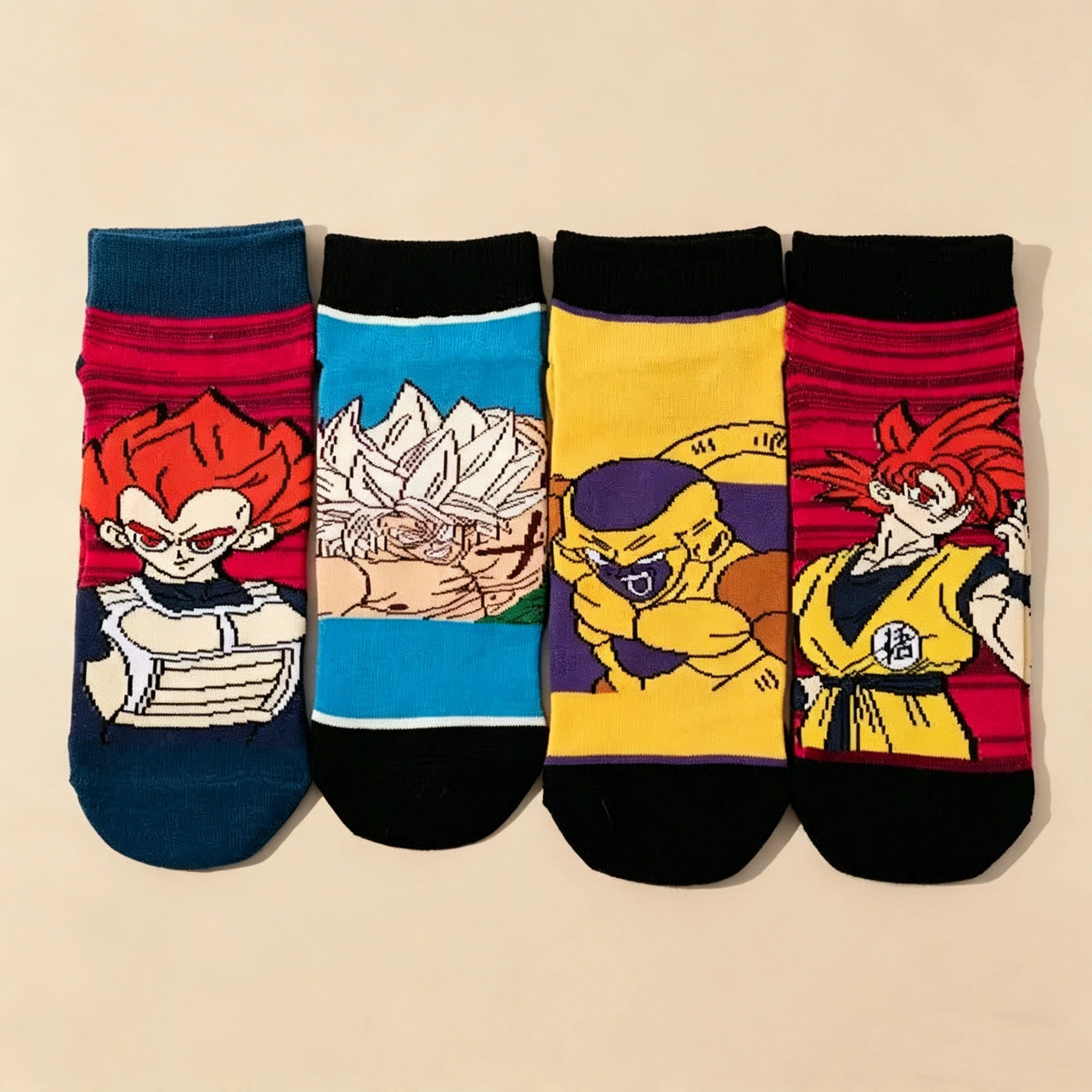 4Pairs of Fashionable New Dragon Ball Z Anime Women's Socks Japanese Cartoon Wukong Beijita Super Saiya Print Couple Ankle Socks