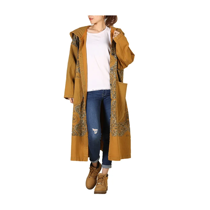 Denim Hooded Long Trench Coat Spring Autumn High Street Style Cardigan Windbreaker Printed Cowboy Long-sleeved Loose Coat