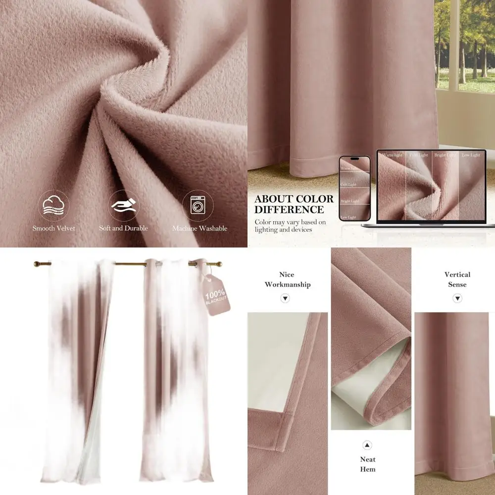 

Thermal Insulated Dusty Pink Velvet Curtains, 100% Blackout, 52x84, 2-Panels for Girls' Room & Nursery